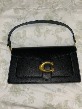 Black Leather Shoulder Bag with Gold 'C' Accent